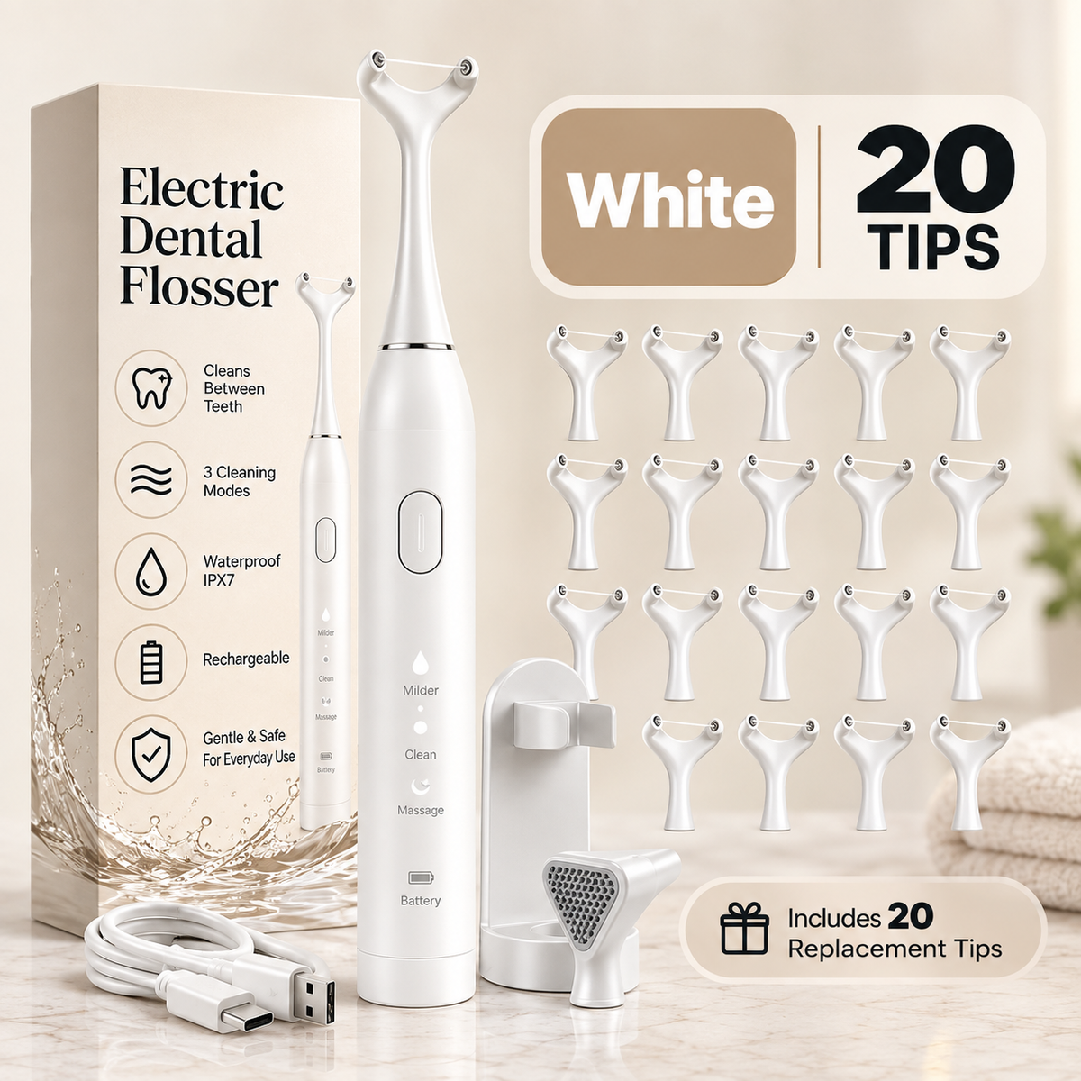 3-Mode Electric Dental Flosser – Rechargeable & Waterproof