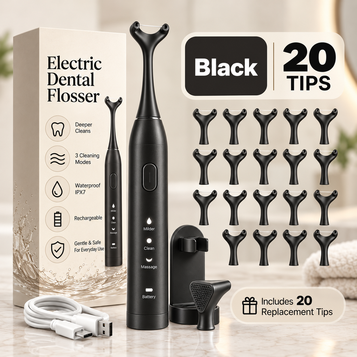 3-Mode Electric Dental Flosser – Rechargeable & Waterproof
